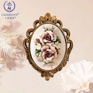 Handmade  Porcelain Rose Bouquet in Oval Frame Wall Flower Plaque Capodimonte Style - Two Tile Roses