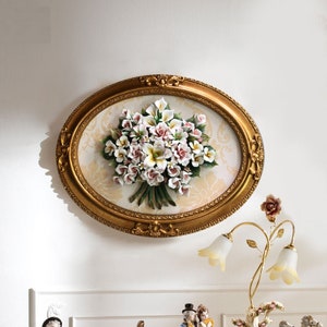 Handmade Capodimonte Style Porcelain Flower Bouquet in Oval Frame Wall Plaque
