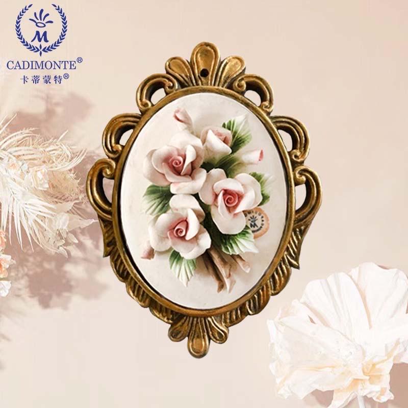 Handmade Capodimonte Style Porcelain Rose Bouquet in Oval Frame