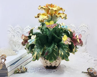 Handmade Beautiful Porcelain Flowers Basket Capodimonte Style Flower Vintage
