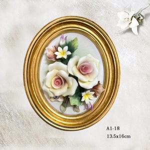 Handmade Capodimonte Style Porcelain Flower Bouquet in Oval Frame Wall Plaque