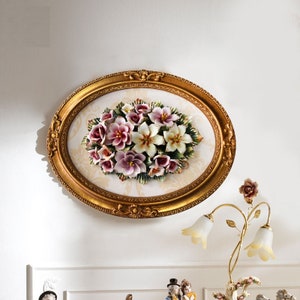 Handmade Capodimonte Style Porcelain Flower Bouquet in Oval Frame Wall Plaque