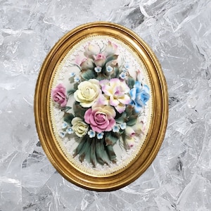 Handmade Capodimonte Style Porcelain Flower Bouquet in Oval Frame Wall Plaque