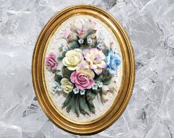 カポディモンテ磁器の飾り板、蘭の花柄の壁掛けアート、イタリア製