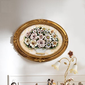 Handmade Capodimonte Style Porcelain Flower Bouquet in Oval Frame Wall Plaque