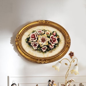 Handmade Capodimonte Style Porcelain Flower Bouquet in Oval Frame Wall Plaque