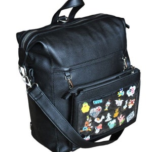 Seconds Sale! Excellent Condition! Backpack for Pins 5-in-1 -Converts to Crossbody Tote and Fanny pack Display-Black Silver Hardware