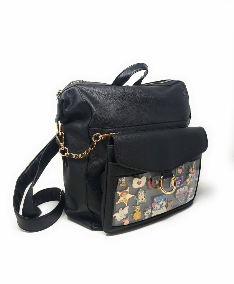 Ita Backpack for Pins 5-in-1 - Converts to Crossbody Tote and Fanny pack Display--Black with Silver or Gold Hardware Ready to Ship 