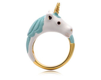 18K Vergoldeter Einhorn Ring: Handbemalte Emaille, Größenverstellbar