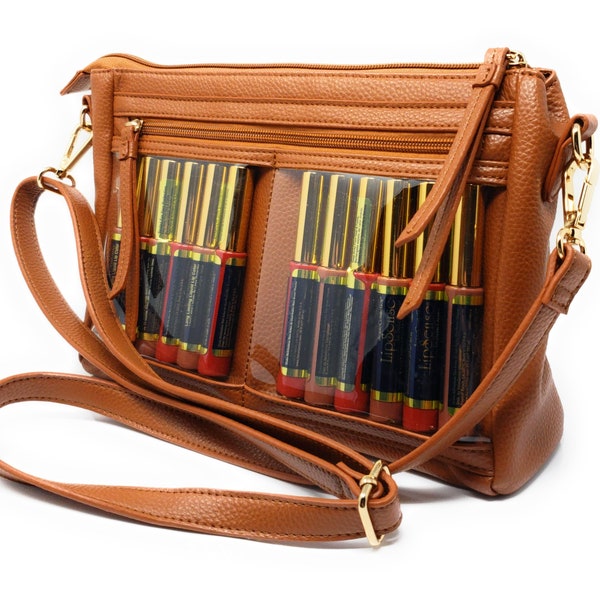 Camel Crossbody WOW Display Bag designed for MLM DS distributors. Fits Senegence Lipsense Color Street Young Living Doterra Red Aspen