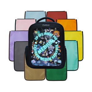 Può includere: Uno zaino nero con un pannello frontale trasparente. Il pannello è decorato con una varietà di spille e toppe colorate. Lo zaino ha una cerniera e una maniglia. Il testo sul pannello recita "Carriware Medium Backpack Zip Off Insert For Medium Backpack".