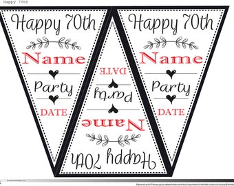 Printable Personalised Happy 70th Birthday Bunting Flag Banner Party Decor Download Digital Download Party Celebrations