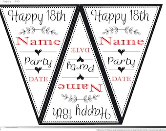 Printable Personalised Happy 18th Birthday Bunting Flag Banner Party Decor Download Digital Download Party Celebrations