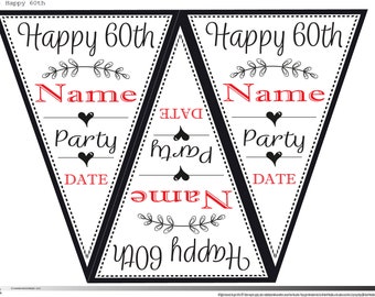 Printable Personalised Happy 60th Birthday Bunting Flag Banner Party Decor Download Digital Download Party Celebrations