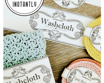 PRINTABLE BUDNLE Crochet Labels / Tags Face Scrubbies, Washcloth, Shower Puff, Dishcloth and Kitchen Scrubbie Instant Download PDF Packaging