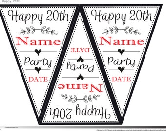 Printable Personalised Happy 20th Birthday Bunting Flag Banner Party Decor Download Digital Download Party Celebrations