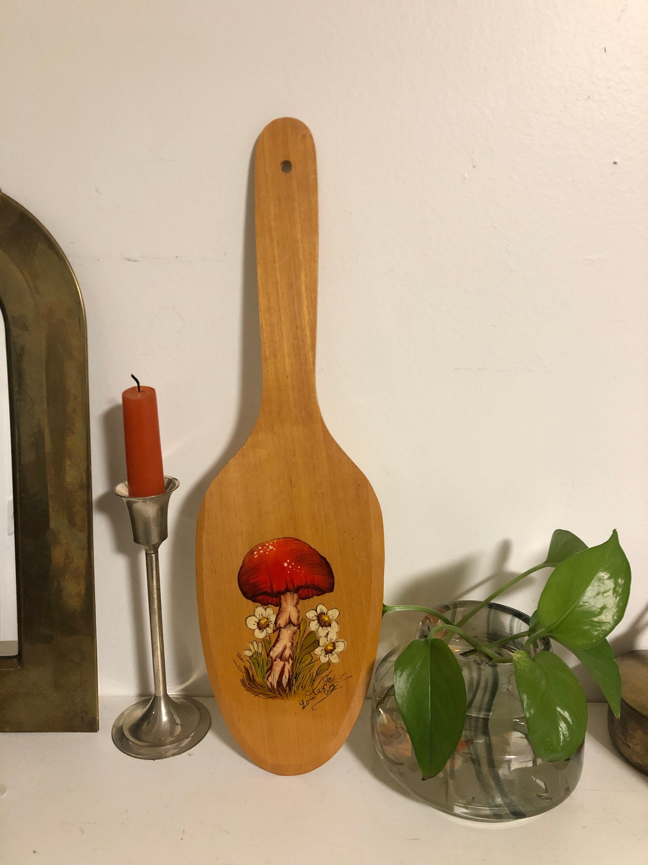 Vintage wooden spoon wall art with mushroom daisies design Etsy