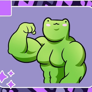 May include: A green cartoon frog with a large, muscular build flexes its bicep. The frog has a wide smile and pink cheeks. The background is a light purple.