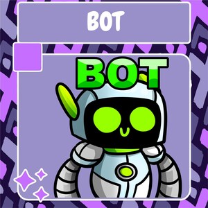 May include: A cartoon robot with a white body, green eyes, and a green "BOT" word above its head. The robot has a light green antenna and silver arms. The background is purple with a white border and a pink rectangle in the top left corner.