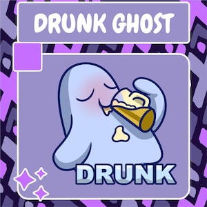May include: A cartoon ghost with a light blue body and closed eyes is drinking from a yellow and brown beer mug. The ghost has a light yellow stain on its chest. The text "DRUNK" is written in blue letters below the ghost.