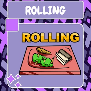 Puede incluir: Una bandeja de enrollado roja con la palabra "ROLLING" en letras amarillas. La bandeja tiene hierba verde, un blunt marrón y un paquete de papeles de liar.