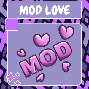 Puede incluir: Un diseño gráfico morado y rosa con la palabra "MOD" en letras grandes y en negrita. Las letras están rodeadas de pequeños corazones rosas y dos estrellas blancas.