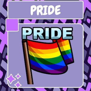 May include: A rainbow pride flag with the word "PRIDE" in blue letters on a purple background.