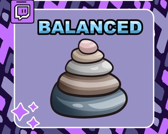 Könnte beinhalten: Cartoon-Illustration mit einem Stapel ausbalancierter Steine in Grau-, Braun- und Rosatönen auf einem lavendelfarbenen Hintergrund. Das Wort „BALANCED“ erscheint zweimal, mit einem Twitch-Logo. Dekorative Sterne sind ebenfalls enthalten.