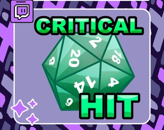 Könnte beinhalten: Ein grüner 20-seitiger Würfel mit der Zahl 20 nach oben. Der Würfel ist von einem violetten Rand mit dem Text "CRIT CRITICAL HIT" in grünen Buchstaben umgeben.