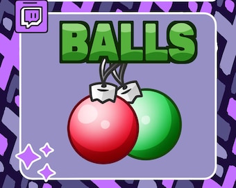 Könnte beinhalten: Ein violettes Twitch-Logo mit dem Wort "BALLS" in weißer Schrift über zwei Weihnachtskugeln, eine rote und eine grüne, die an einer Schnur hängen.