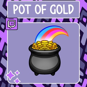 Op de afbeelding: Een zwarte pot gevuld met gouden munten staat onder een regenboog. De pot heeft een ronde bodem en een brede opening. De regenboog is veelkleurig en heeft een gebogen vorm. De tekst "POT OF GOLD" staat in witte letters op een paarse achtergrond.