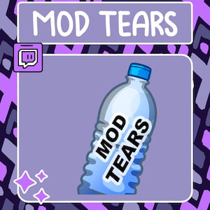 May include: A blue plastic water bottle with a white label that says "MOD TEARS" on it. The bottle is on a purple background with a Twitch logo in the top left corner.