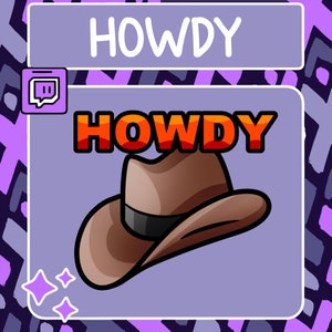Puede incluir: Una ilustración digital púrpura y blanca de un sombrero de vaquero con la palabra "HOWDY" en letras naranjas sobre un fondo púrpura.
