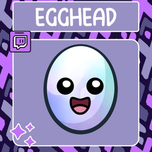 May include: A purple and white Twitch profile banner with the text "EGGHEAD" in white. A cartoon egg with a white shell, black eyes, and a pink smiling mouth is on a purple background.