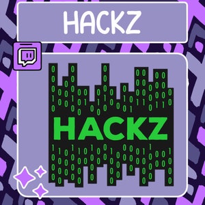 May include: A purple and black digital illustration with the text "HACKZ" in white and green. The illustration features a cityscape made of binary code with a Twitch logo in the top left corner.