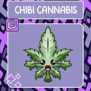 May include: A cartoon illustration of a green cannabis leaf with a cute, smiling face. The leaf is drawn in a chibi style, with large eyes and a small mouth. The background is a purple and black pattern.