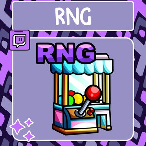 May include: A purple and blue cartoon claw machine with the word "RNG" on it. The claw machine has a pink and blue base and a clear window with colorful balls inside. The claw is down and ready to grab a ball.