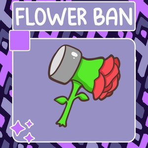 Puede incluir: Una ilustración de dibujos animados de una flor con una cabeza de martillo gris, un tallo verde y pétalos rojos. La imagen está sobre un fondo morado con un cuadrado morado en la esquina superior izquierda y el texto "FLOWER BAN" en la parte superior central.