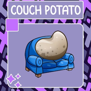 Könnte beinhalten: Eine Cartoon-Illustration einer Couch Potato. Eine braune Kartoffel sitzt auf einem blauen Sofa mit Holzbeinen.