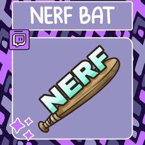 Puede incluir: Una ilustración de dibujos animados de un bate de béisbol de madera con la palabra "NERF" escrita en letras azules y blancas en el lateral. El bate está sobre un fondo morado con un logotipo de Twitch en la esquina superior izquierda.