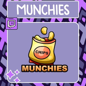 Puede incluir: Ilustración de dibujos animados con una bolsa de patatas fritas con la palabra "CHIPS" y la palabra "MUNCHIES" en negrita. El fondo es de color púrpura claro con un logotipo de Twitch en la esquina superior izquierda.