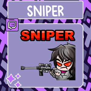 以下が含まれることがあります： 赤い文字で「SNIPER」と書かれた紫色のTwitchの絵文字。絵文字は、銀色のライフルを持った黒髪の漫画のキャラクターを描いています。