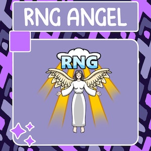 May include: A cartoon angel with wings and a halo, wearing a white robe. The angel is surrounded by a yellow glow and a cloud with the text "RNG" in blue letters.