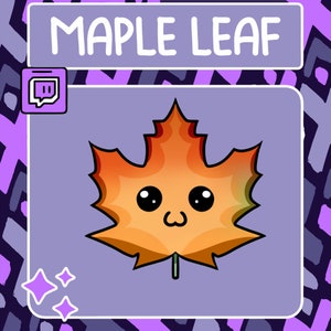 May include: A cartoon illustration of a maple leaf with a cute face. The leaf is orange, yellow, and green. The background is purple with a black and white pattern.
