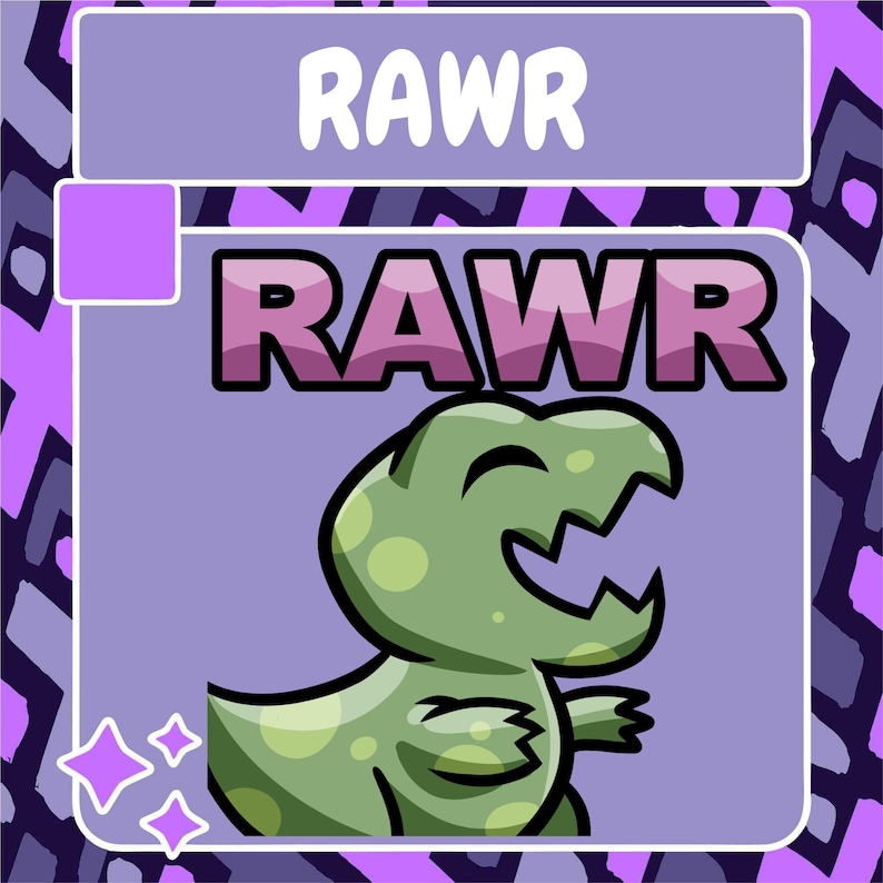Peut inclure: Une illustration de dessin anim&eacute; d'un dinosaure vert avec une bouche rose rugissant "RAWR" sur un fond violet avec une bordure blanche.