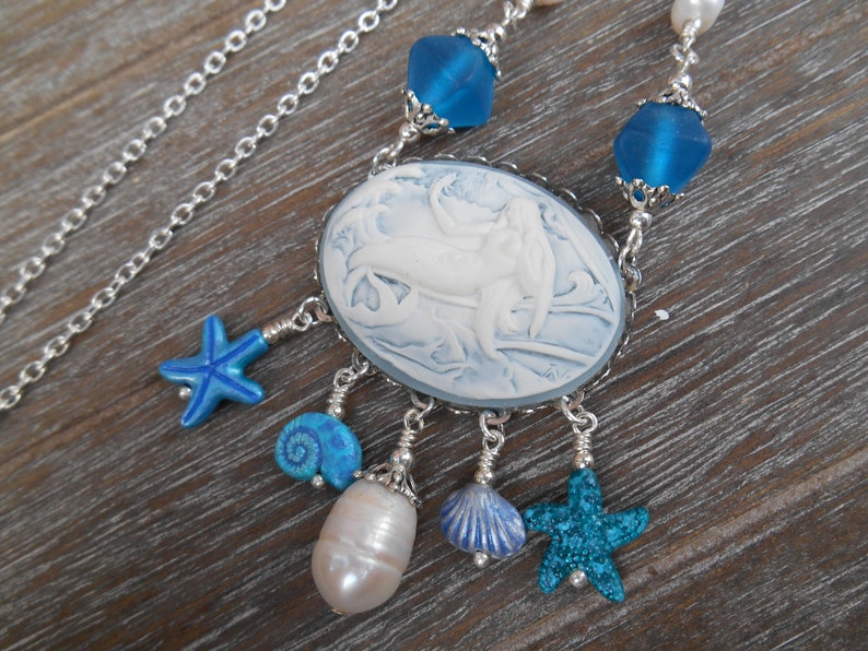 Blue Mermaid Cameo Necklace with Freshwater Pearls and Vintage Matte Dark Blue Glass Beads in Silver Tone