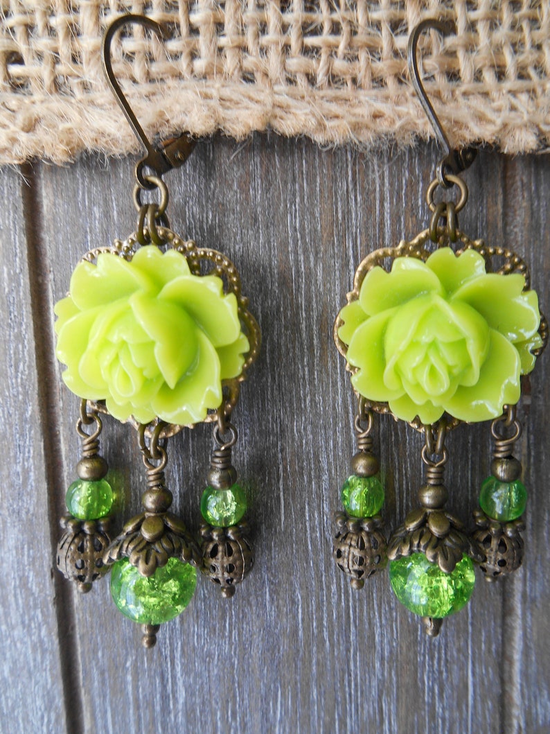 Victorian Filigree Earrings with Apple Green Resin Roses and Peridot Green Crackle Glass Beads in Antique Brass Tone
