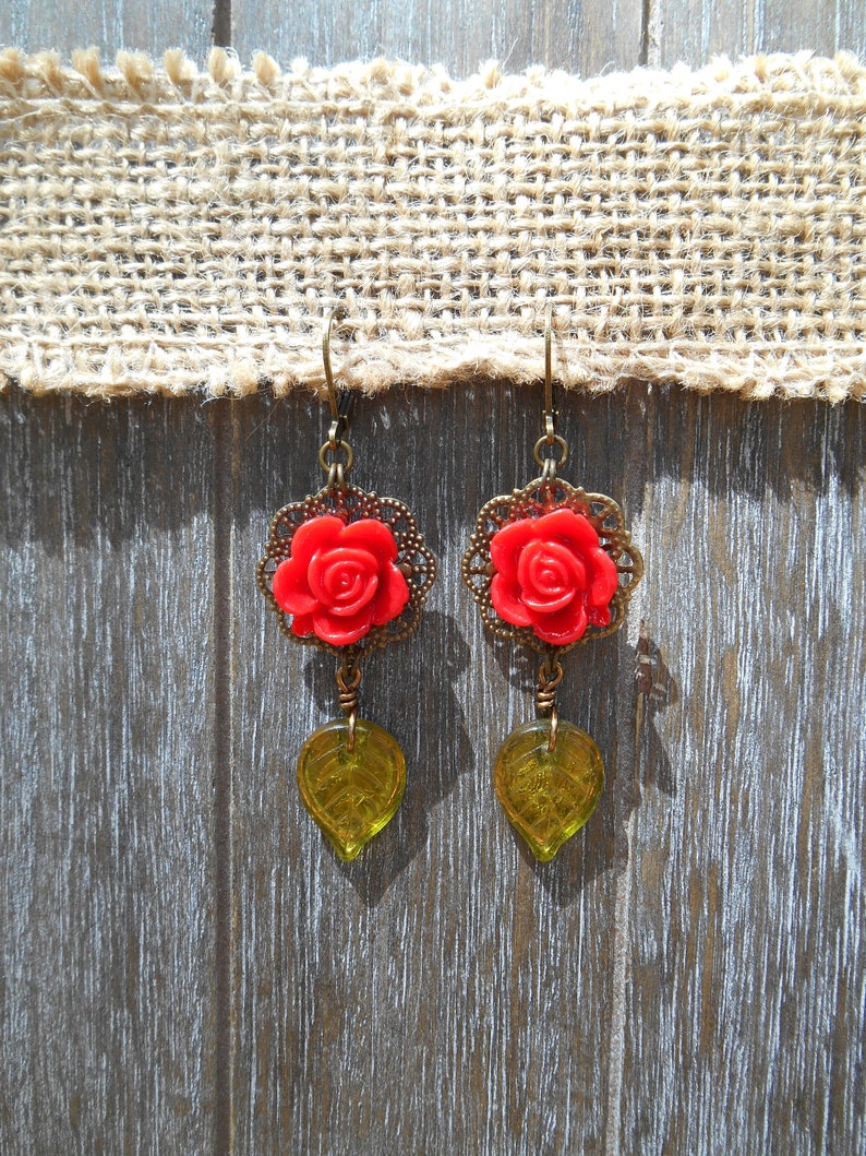Victorian Filigree Earrings with Scarlet Resin Roses and Large Olive Green Czech Glass Leaf Beads in Antique Brass Tone