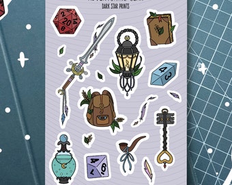 May include: A set of 10 stickers featuring various adventuring gear, including a sword, a lantern, a backpack, a book, a pipe, a key, a potion bottle, and dice. The stickers are on a purple background with the text "Adventuring Gear" and "Dark Star Prints".