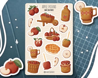 Cute Apple Picking Sticker Sheet - for planners, journals, and notebooks, fall, autumn, gift for her, gift for him, fruit, harvest, orchard